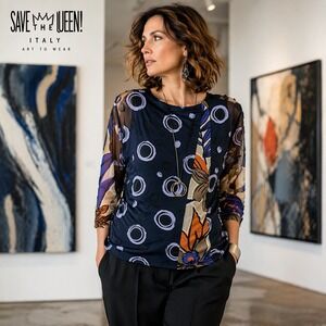 Save The Queen Italy Mesh Blouse S Abstract Floral Applique 3/4 Sleeve